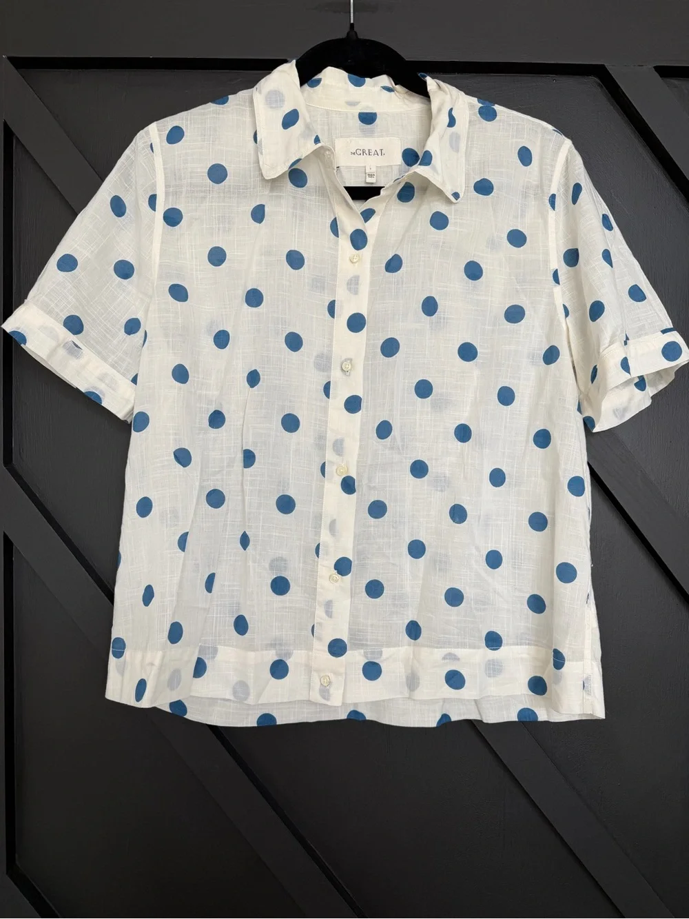 THE GREAT. The Messenger Top & Highland Skirt Polka Dot Set Cream/Blue, Size 1/S